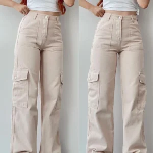 Y2K Women Vintage Cargo Pants Streetwear Techwear Korean Harajuku Parachute Pants Beige Sweatpants Wide Leg Joggers Trousers
