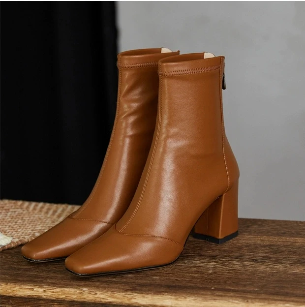 French Brown Show Slim Retro Short Boots Autumn and Winter Mid Sleeve Square Head Slim Boots Thick Heel High Heel Elastic Boots - Image 11