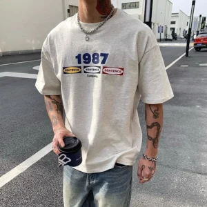 Summer cotton Korean letter printed T shirt American retro round neck men's y2k casual white and gray half sleeved top