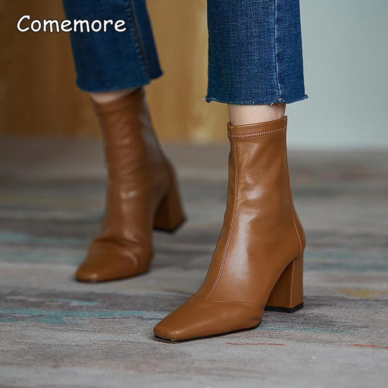 French Brown Show Slim Retro Short Boots Autumn and Winter Mid Sleeve Square Head Slim Boots Thick Heel High Heel Elastic Boots - Image 2