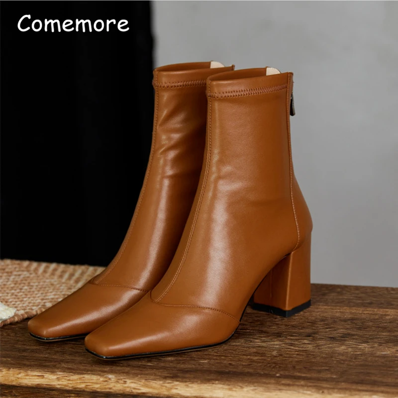 French Brown Show Slim Retro Short Boots Autumn and Winter Mid Sleeve Square Head Slim Boots Thick Heel High Heel Elastic Boots