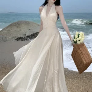 Summer Sleeveless Halter Long White Maxi Dress Elegant Tight Waist V-neck Beach Dress Robes Du Soir Evening Dresses Wedding Prom
