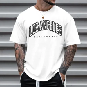 Los Angeles Letter Print T-shirts Men Clothes European American Vintage Style Short-sleeve Tees Tops Harajuku Summer Shirts 2024