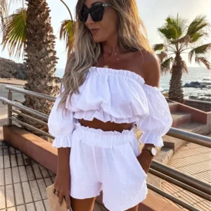 Women Casual Short Sleeve Outfit 2023 Summer Fashion One-Word Collar Lantern Sleeve Pocket Suit Female Top Shorts Two Pieces Set