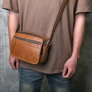 Summer Youth Horizontal Retro Worn Head Layer Cowhide Crossbody Phone Bag Men's Genuine Leather Casual Simple Shoulder Bag